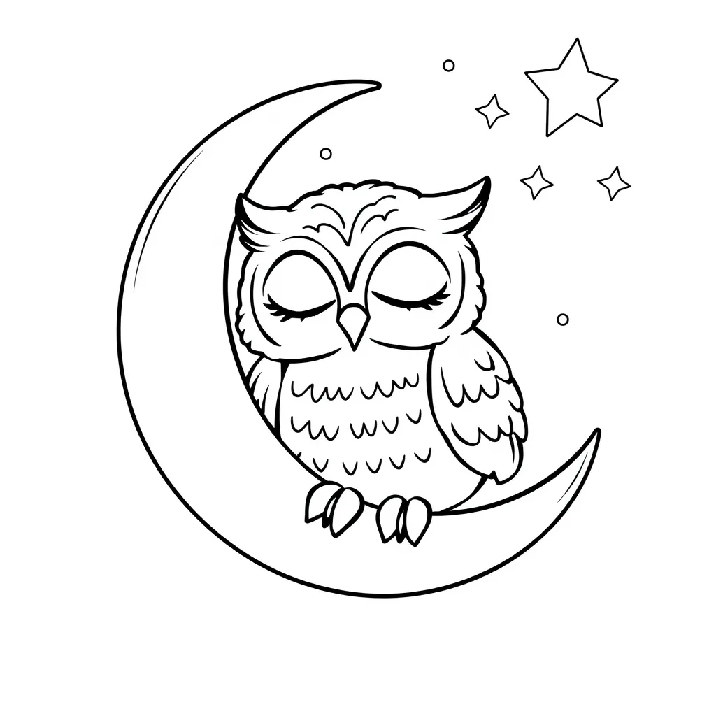 A sleepy owl snuggled on a crescent moon