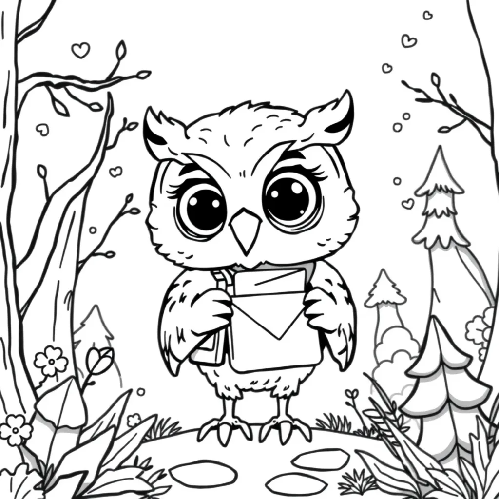 An owl delivering letters with a mailbag