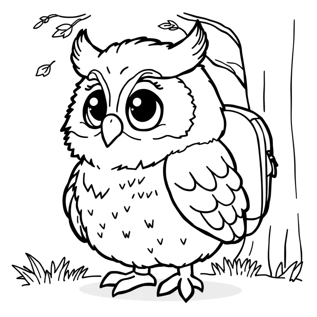 An owl wearing a backpack heading to forest school