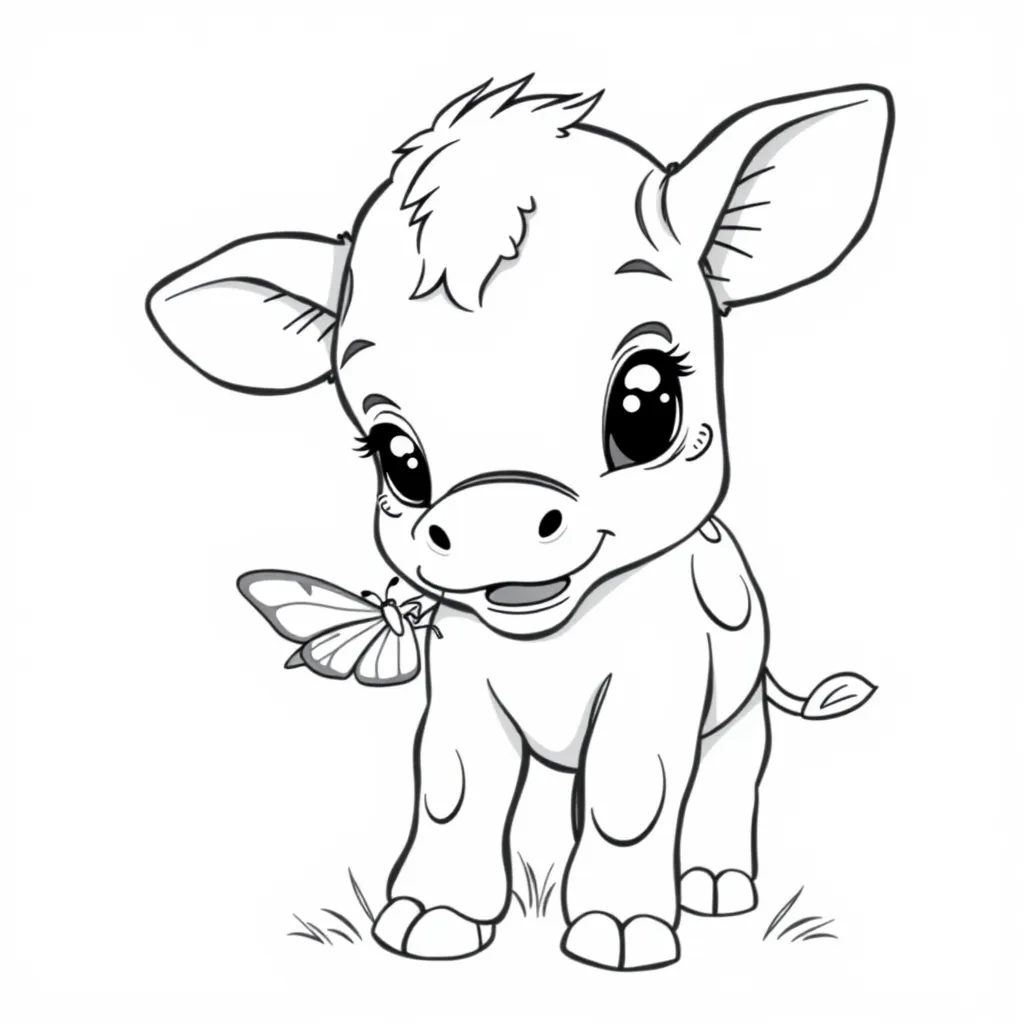 Baby Cow Playing with a Butterfly
