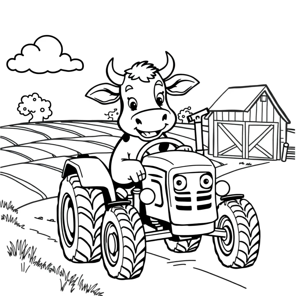 Cow Driving a Tractor on the Farm