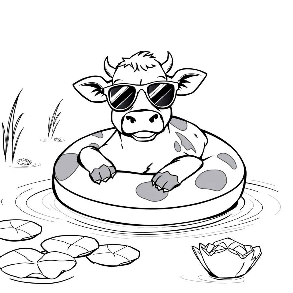 Cow Floating on an Inner Tube in a Pond