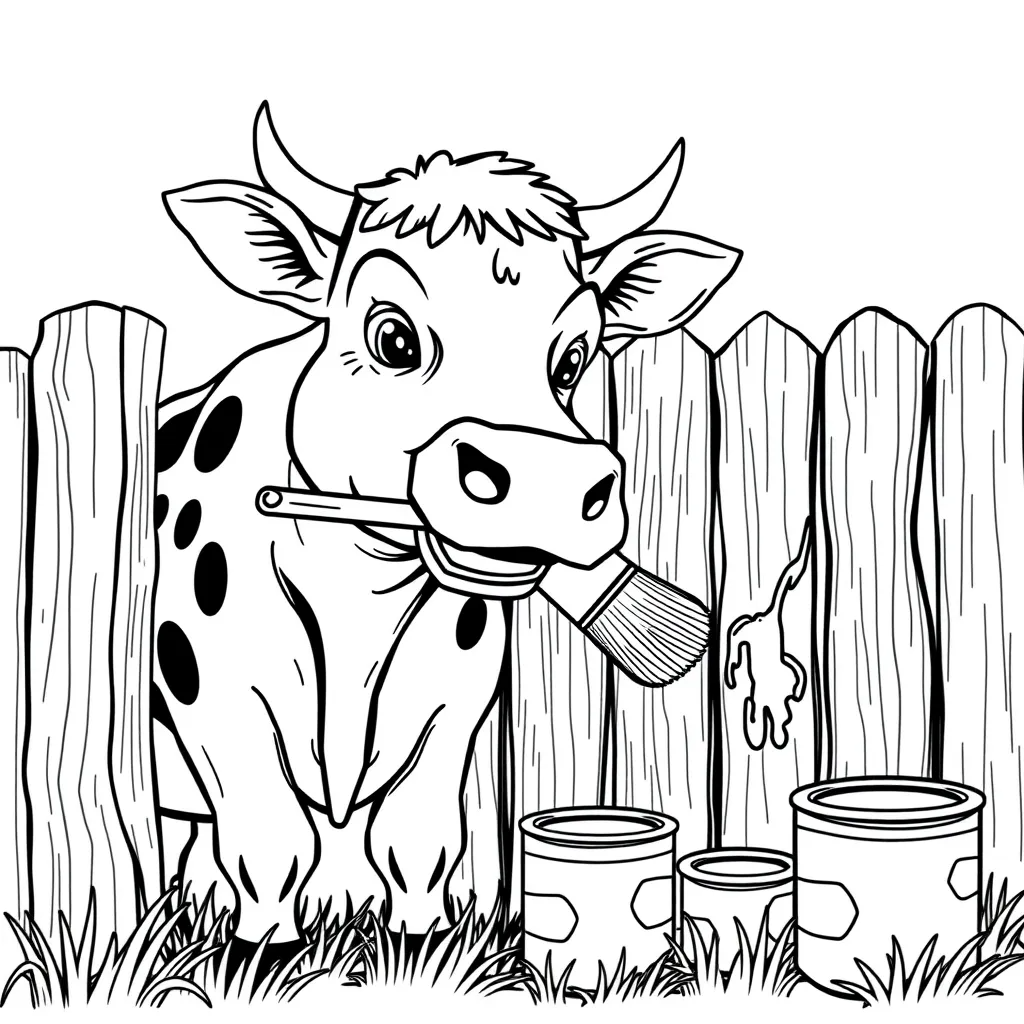 Cow Painting a Fence with a Brush in Its Mouth