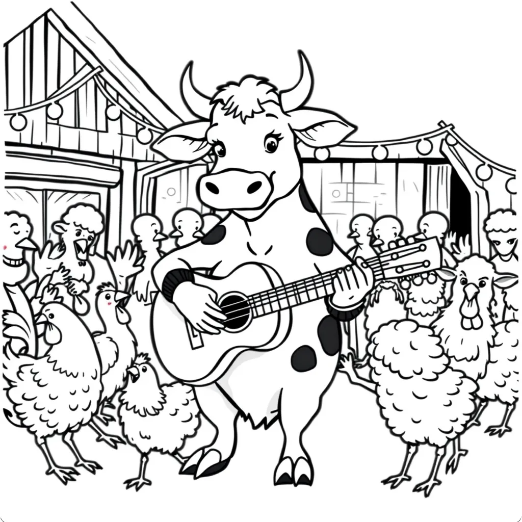 Cow Playing Guitar at a Barn Dance
