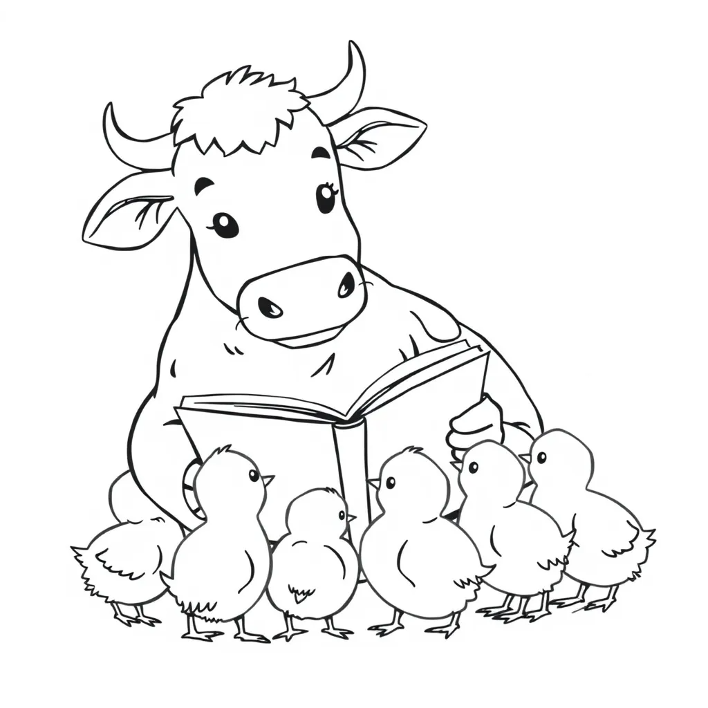 Cow Reading a Storybook to Baby Animals