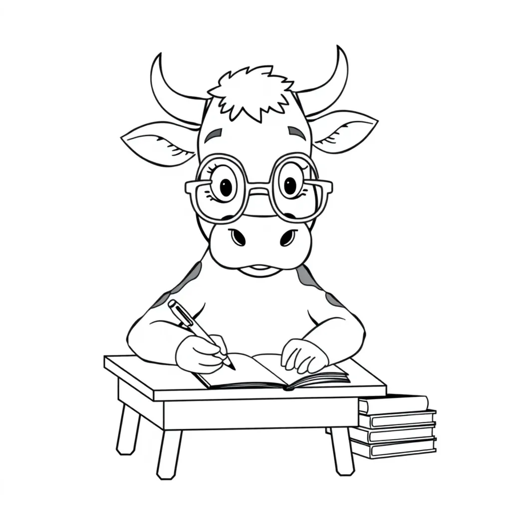 Cow Wearing Glasses and Doing Homework