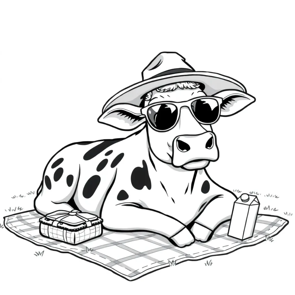 Cow Wearing a Hat and Sunglasses on a Picnic