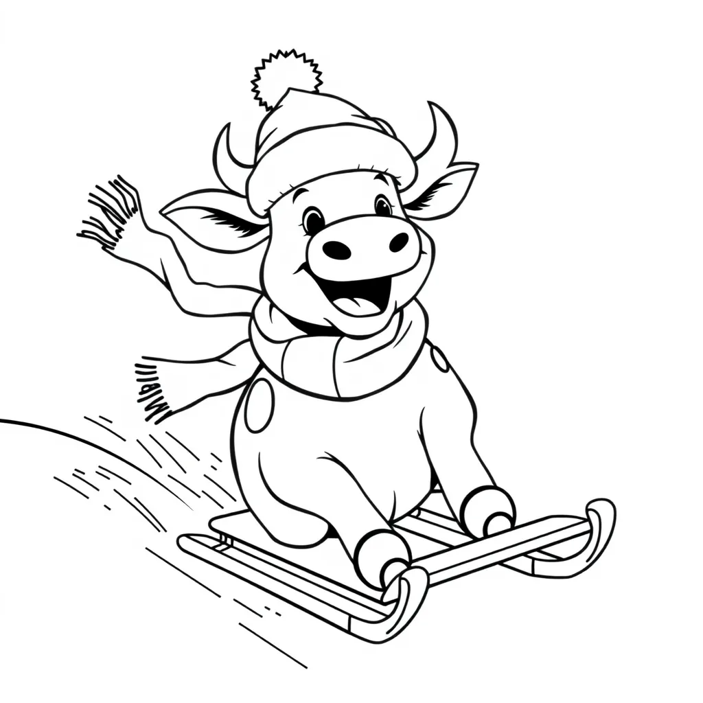 Cow Wearing a Winter Hat and Sledding Down a Hill
