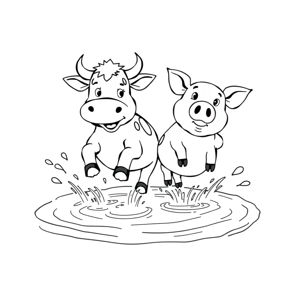 Cow and Pig Splashing in a Mud Puddle