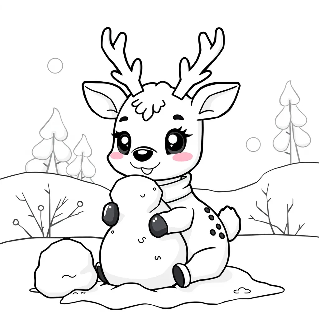 Deer Building a Snow Deer in Winter