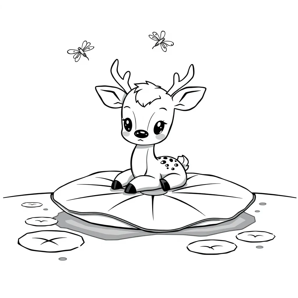 Deer Floating on a Lily Pad Across a Pond