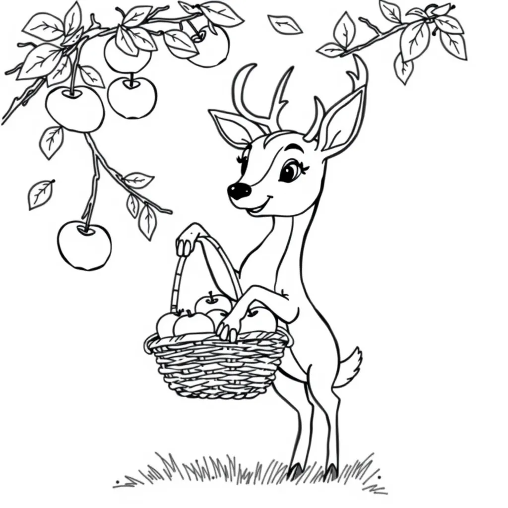 Deer Picking Apples from a Tree with a Basket