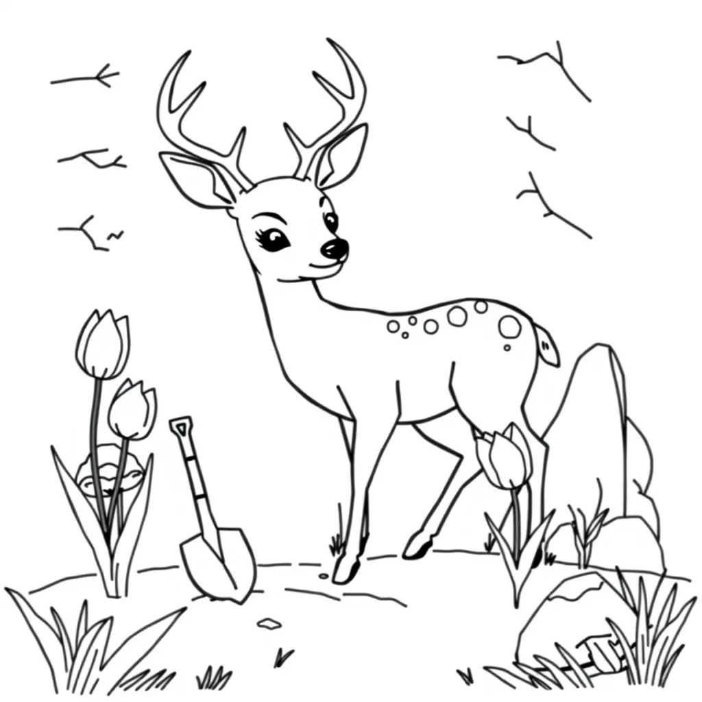 Deer Planting Flowers in a Woodland Garden