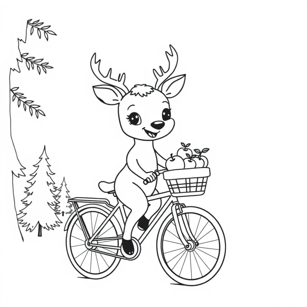 Deer Riding a Bicycle with a Basket of Forest Fruits