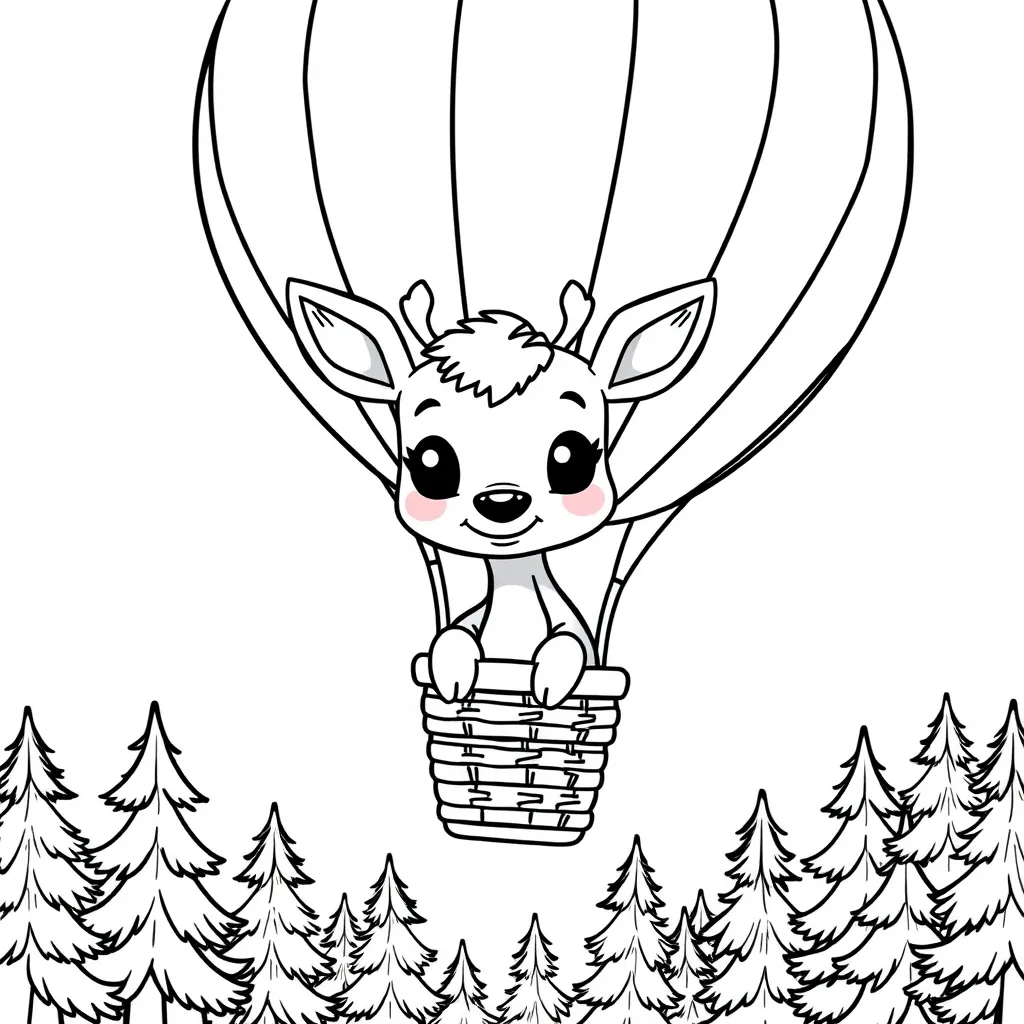 Deer Riding a Hot Air Balloon Over the Forest