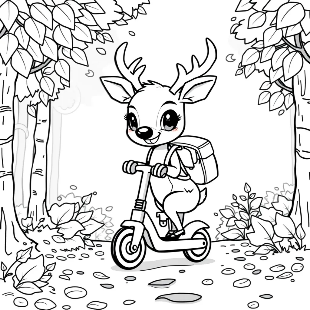 Deer Riding a Scooter on a Forest Path