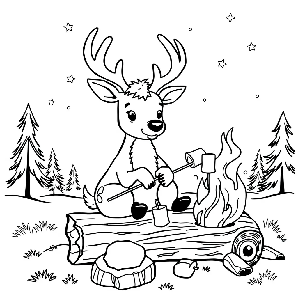Deer Roasting Marshmallows at a Campfire