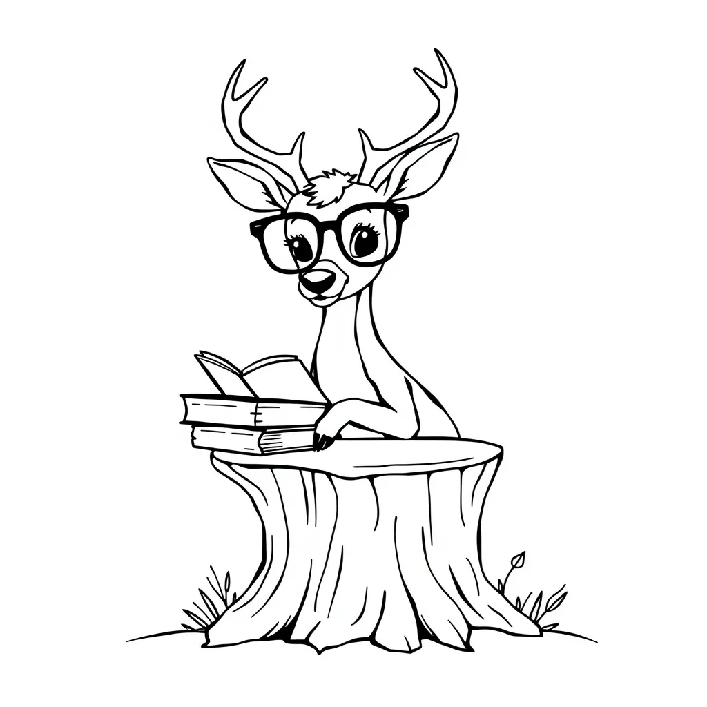 Deer Wearing Glasses and Studying with Books