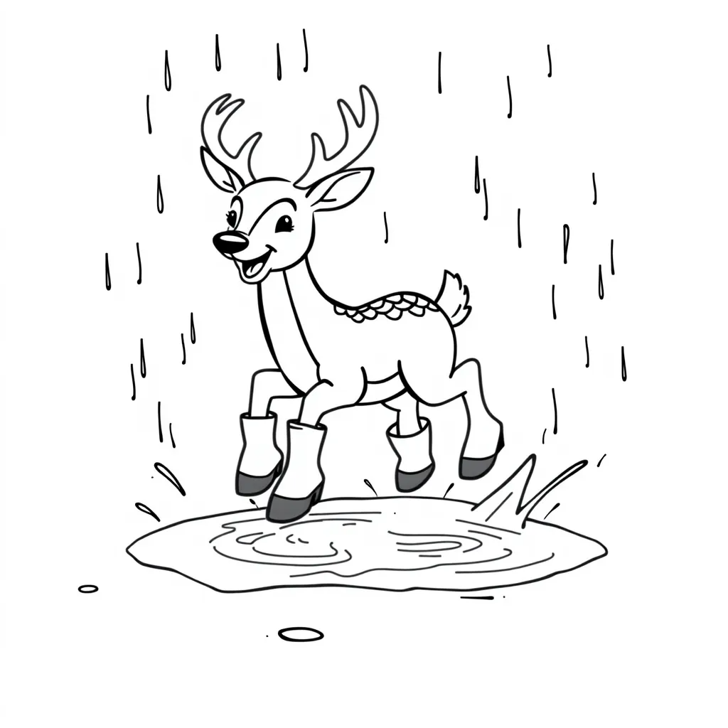 Deer Wearing Rain Boots and Splashing in a Puddle