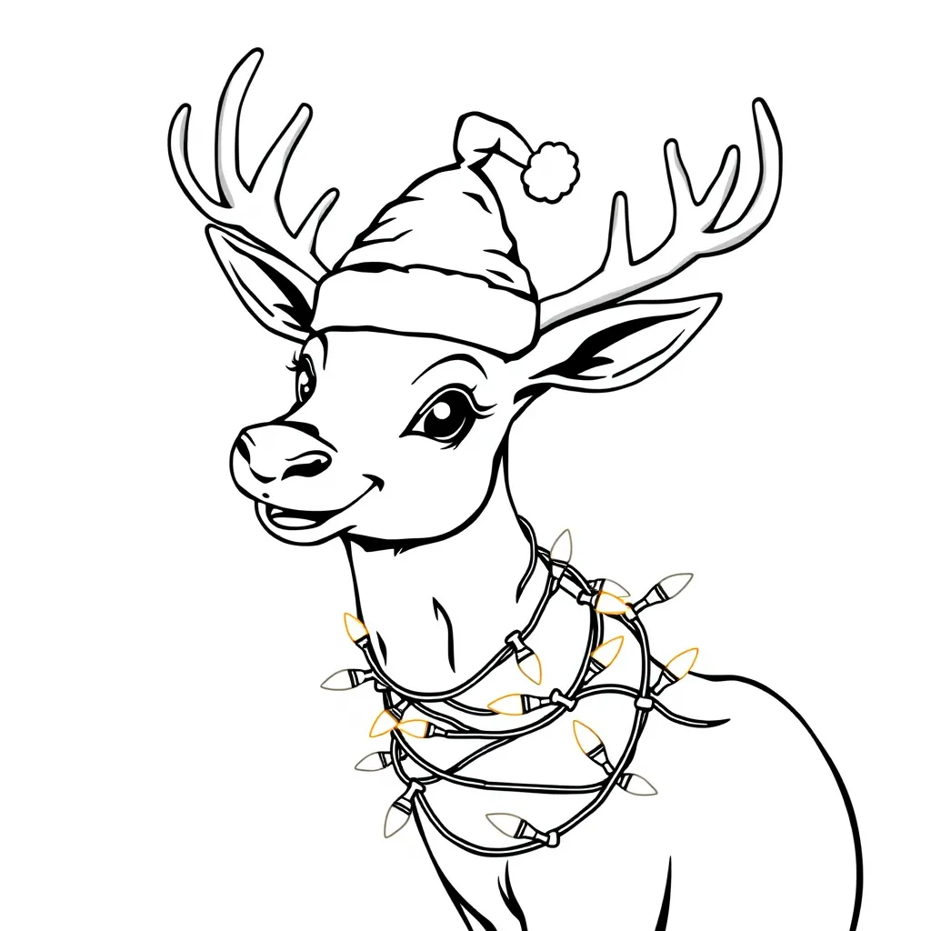 Deer Wrapped in Holiday Lights with a Santa Hat