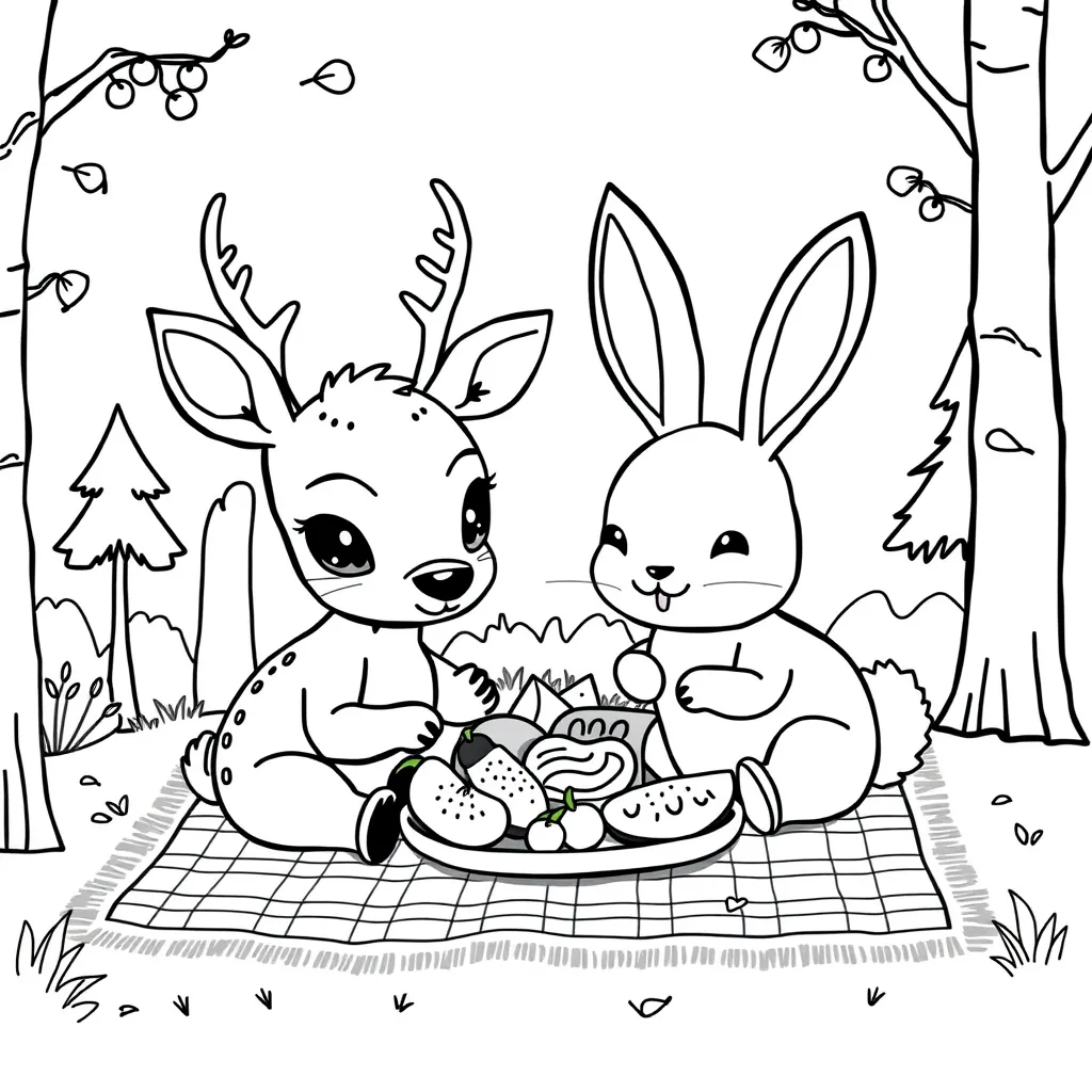 Deer and Bunny Having a Picnic in the Forest