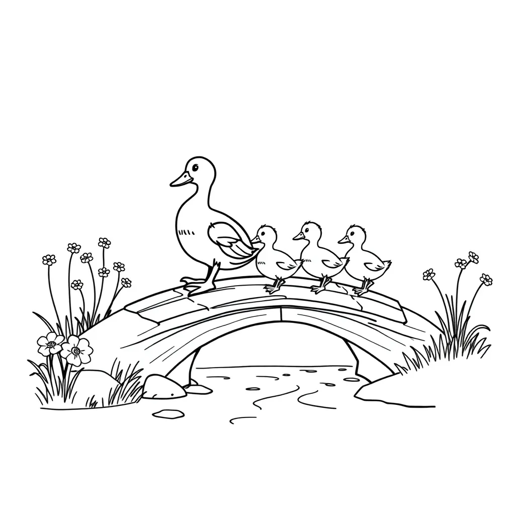 Duck Family Crossing a Wooden Bridge Over a Stream