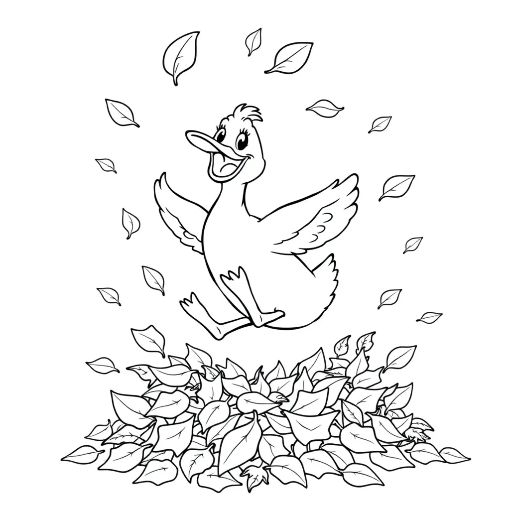 Duck Jumping in a Leaf Pile During Autumn