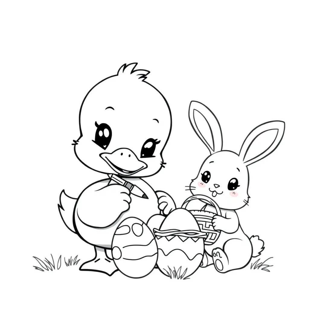 Duck Painting Easter Eggs with a Bunny Friend
