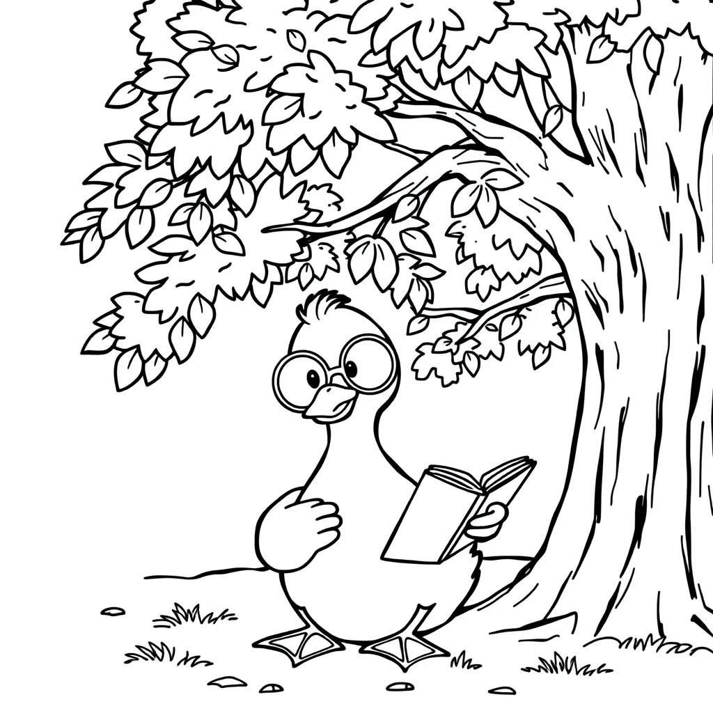 Duck Reading Under a Tree with Glasses On