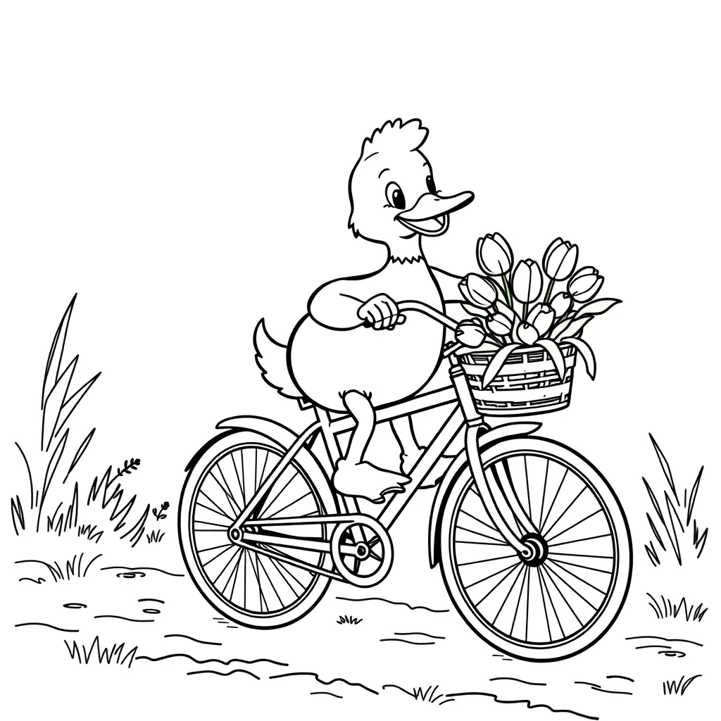 Duck Riding a Bicycle with a Basket of Flowers