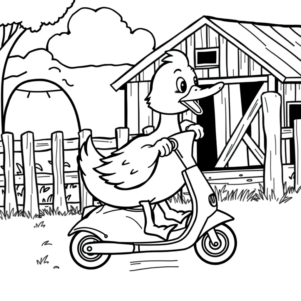 Duck Riding a Scooter Past the Barn
