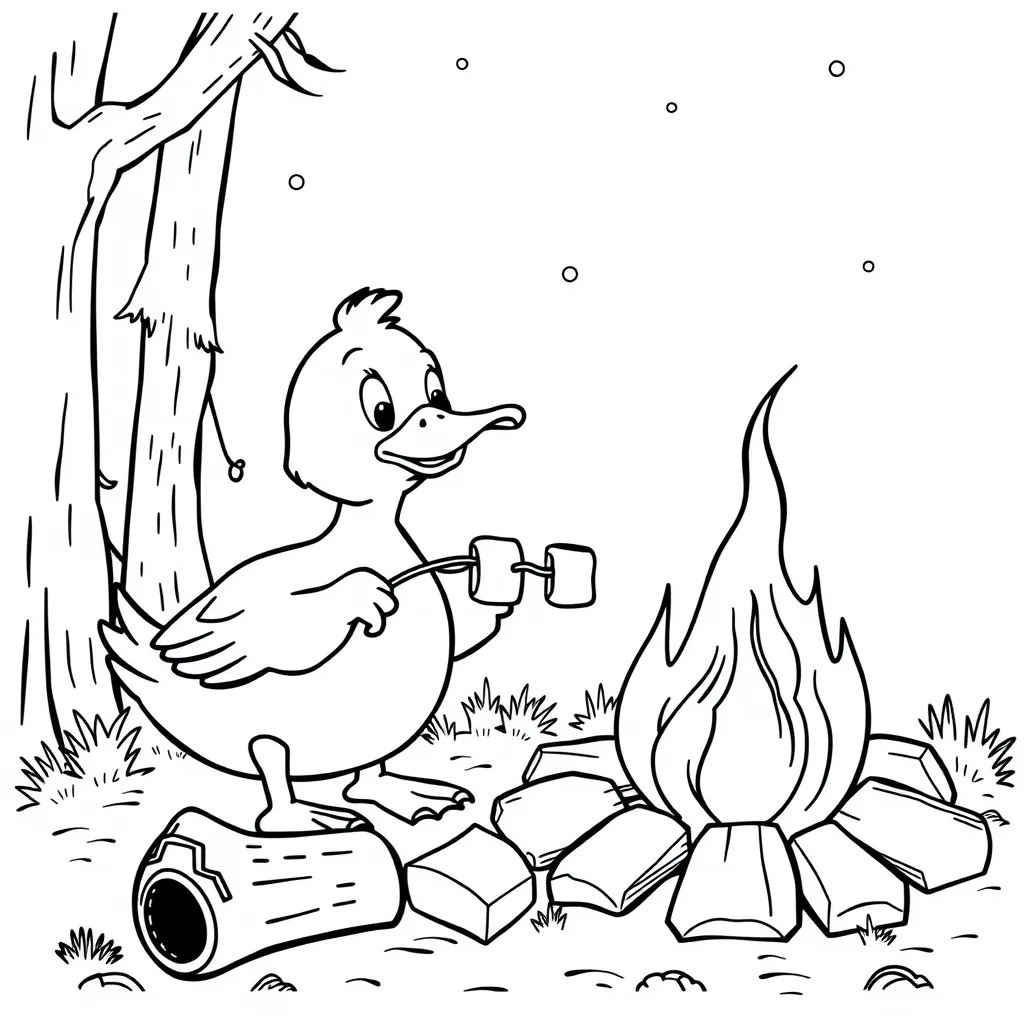 Duck Roasting Marshmallows at a Campfire
