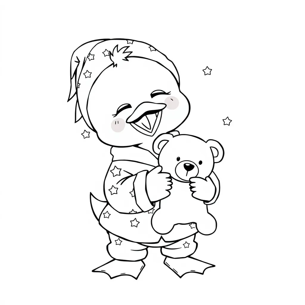 Duck Wearing Pajamas and Holding a Teddy Bear
