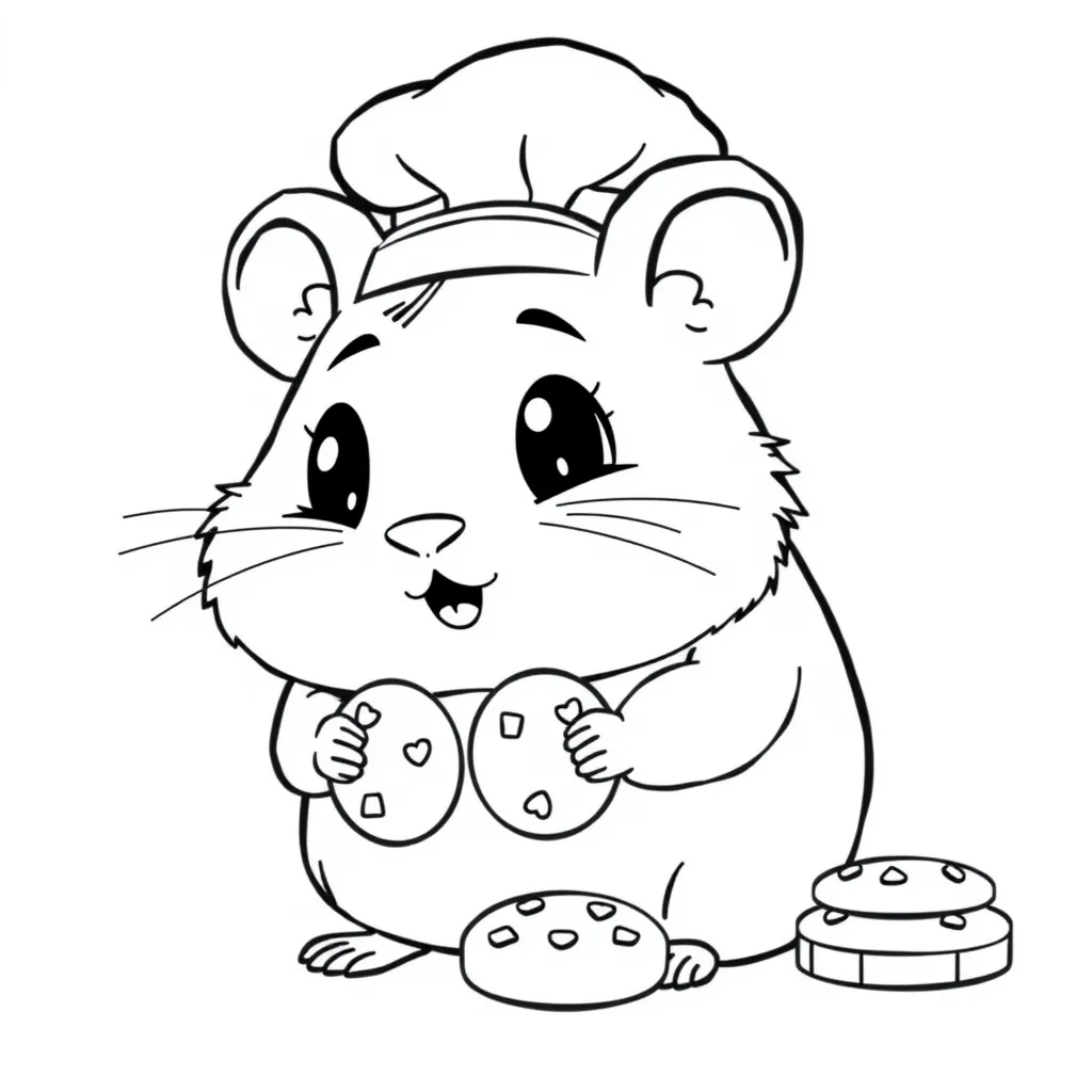 Hamster baking cookies with a tiny chef hat