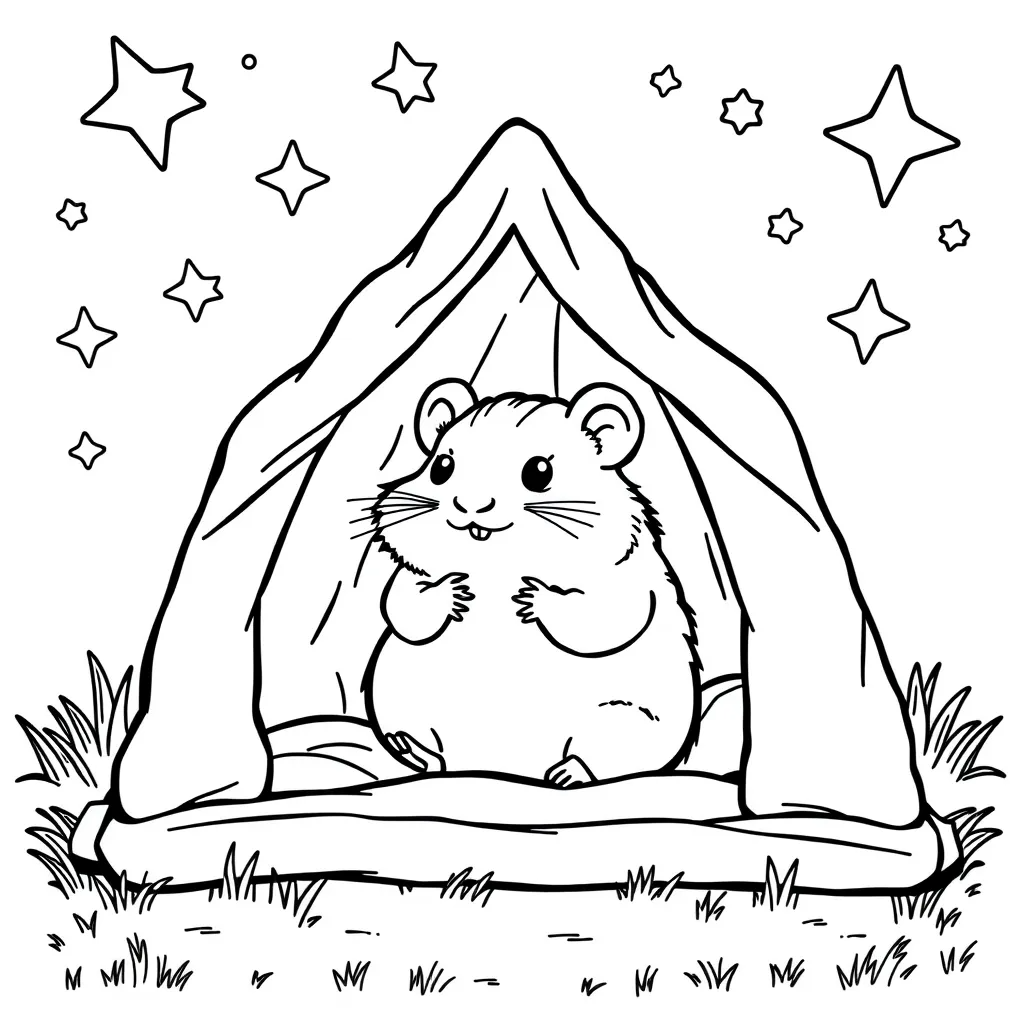 Hamster camping in a mini tent under the stars