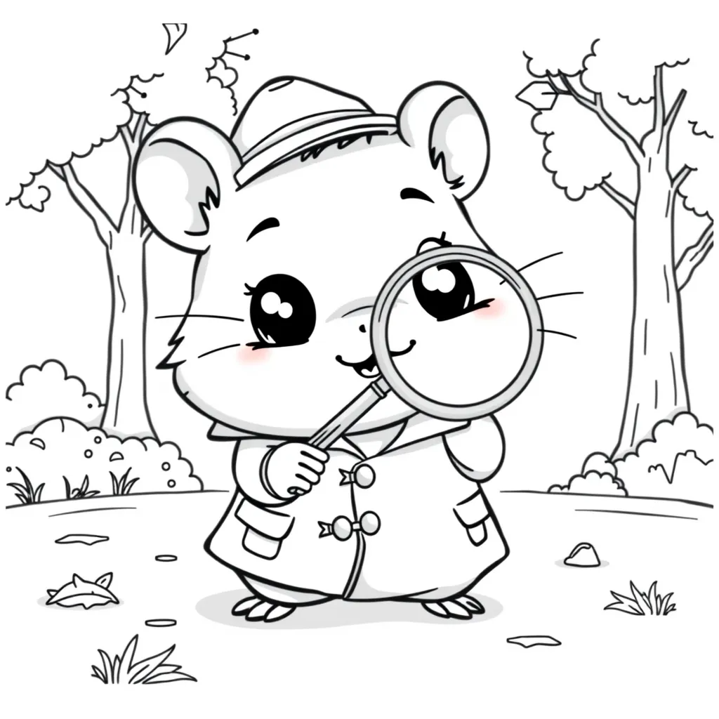 Hamster dressed as a detective with a magnifying glass