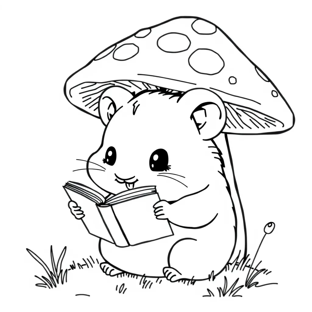 Hamster reading a book under a mushroom