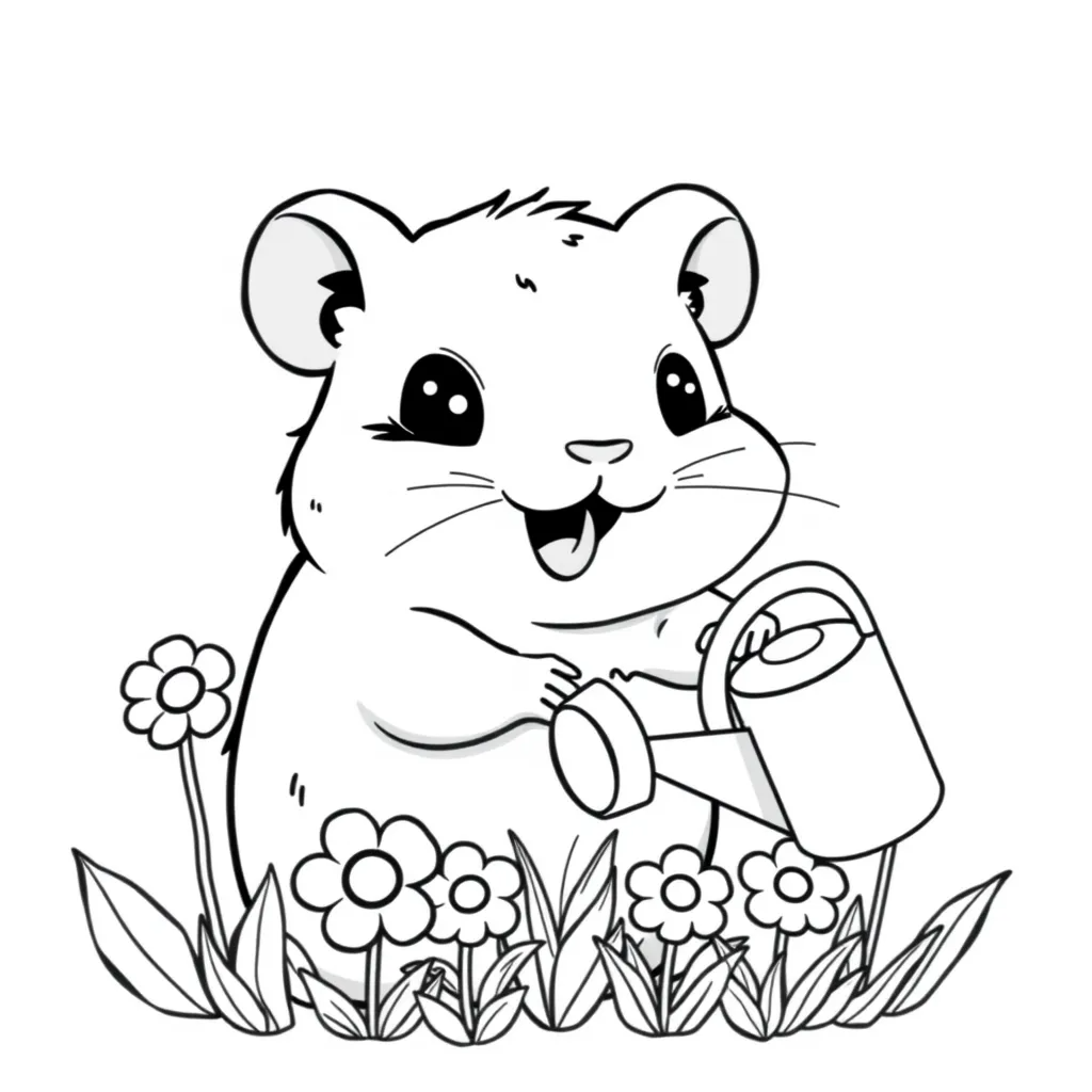 Hamster watering flowers with a small watering can