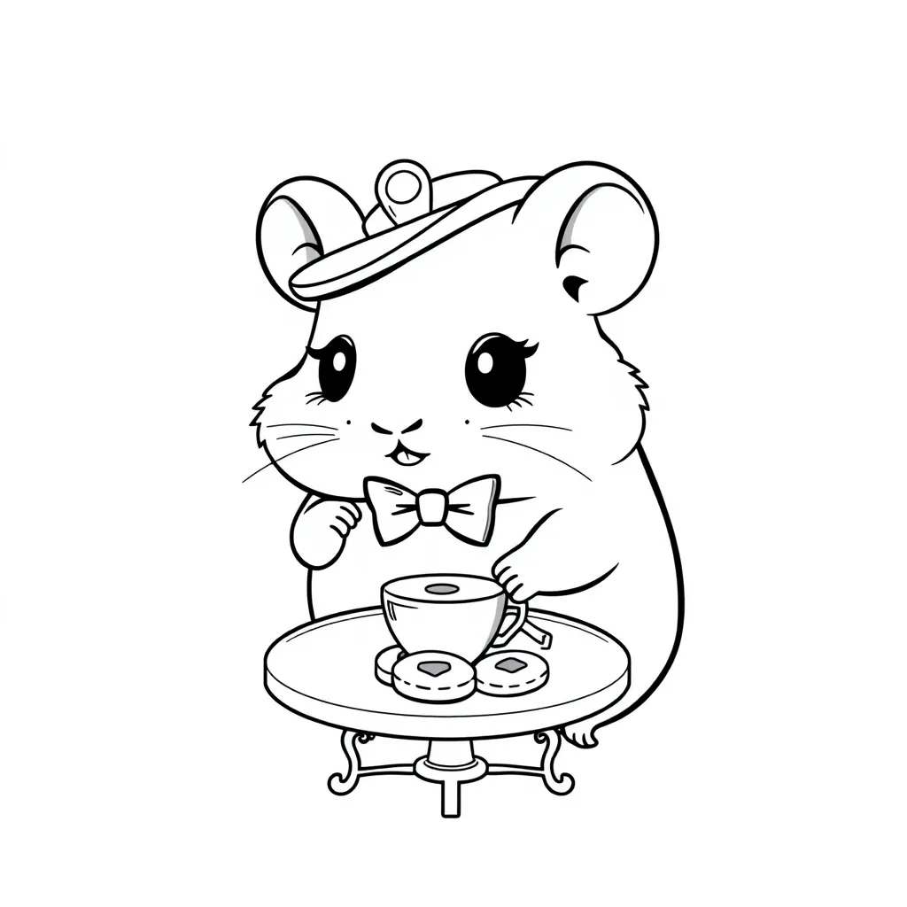 Hamster wearing a little hat and bow tie at a tea party