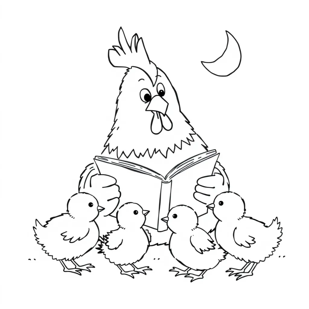 Hen Reading a Bedtime Story to Chicks