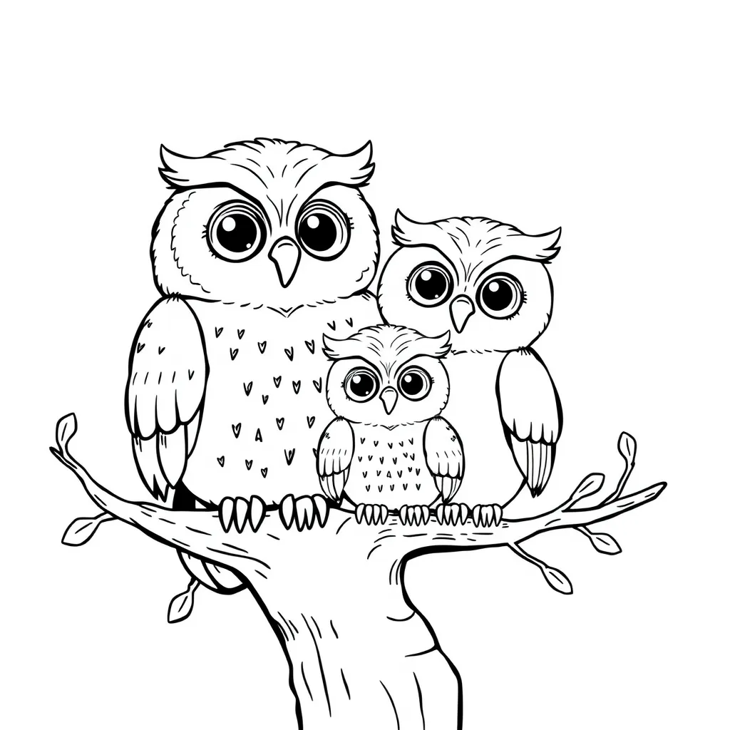 Owl family (mom, dad, and baby) sitting together on a tree