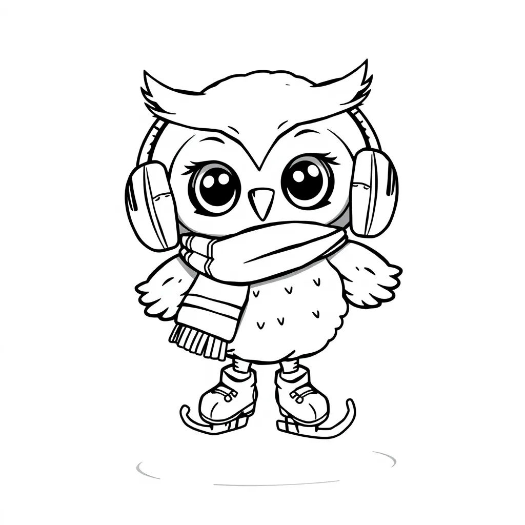Owl ice skating with a scarf and earmuffs