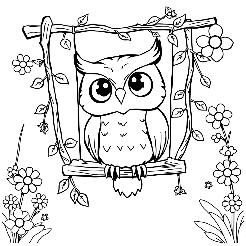 Owl perched on a swing made of vines