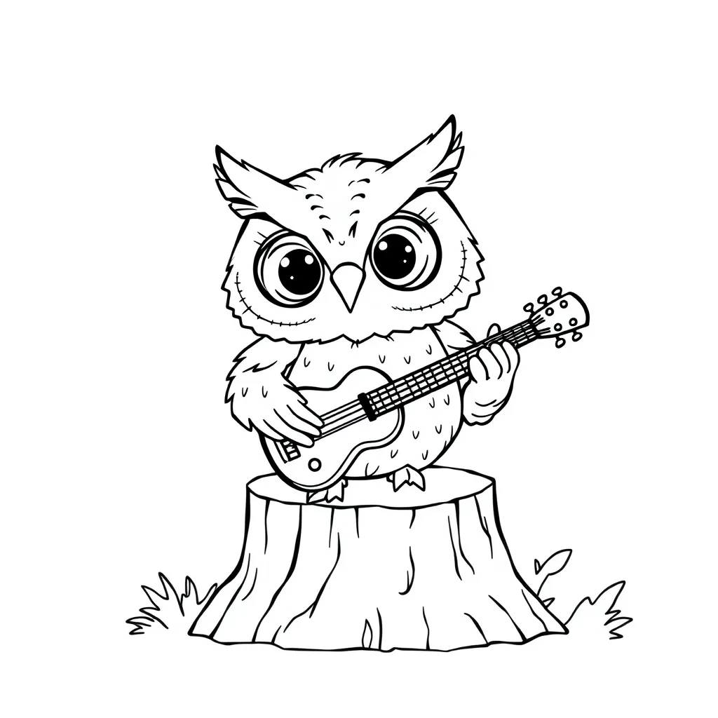 Owl playing a guitar on a tree stump stage
