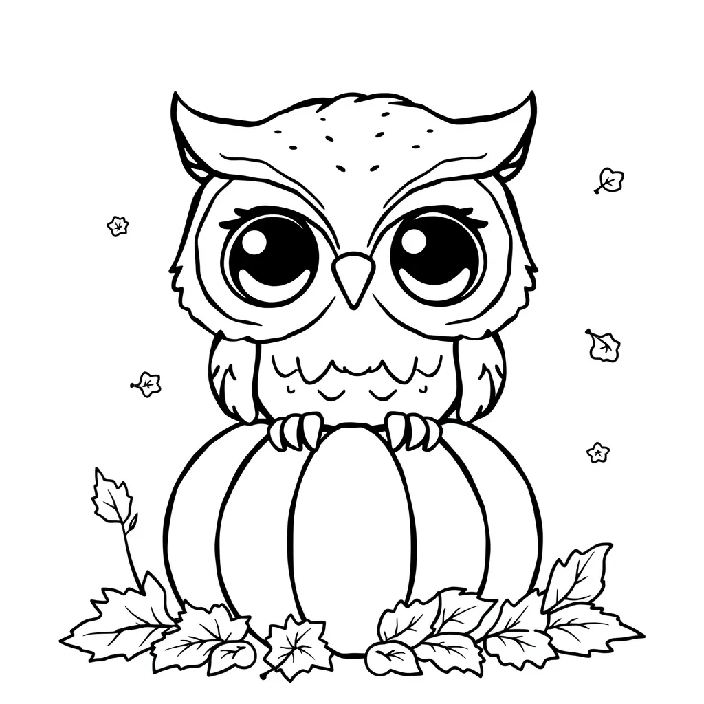 Owl sitting on a pumpkin with autumn leaves