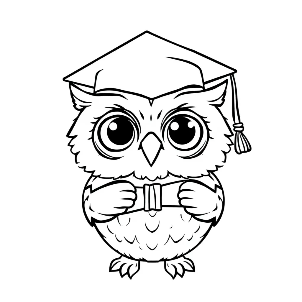 Owl wearing a graduation cap and holding a tiny diploma
