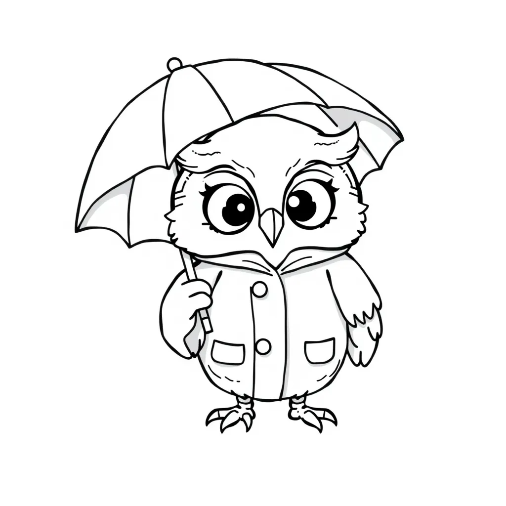 Owl wearing a raincoat and holding a tiny umbrella