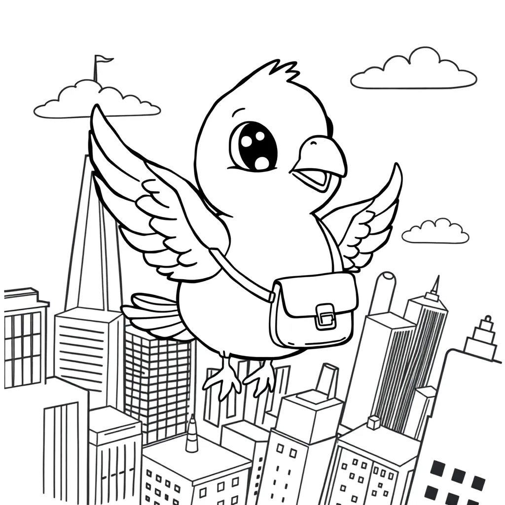 Pigeon Wearing a Messenger Bag Flying Over the City