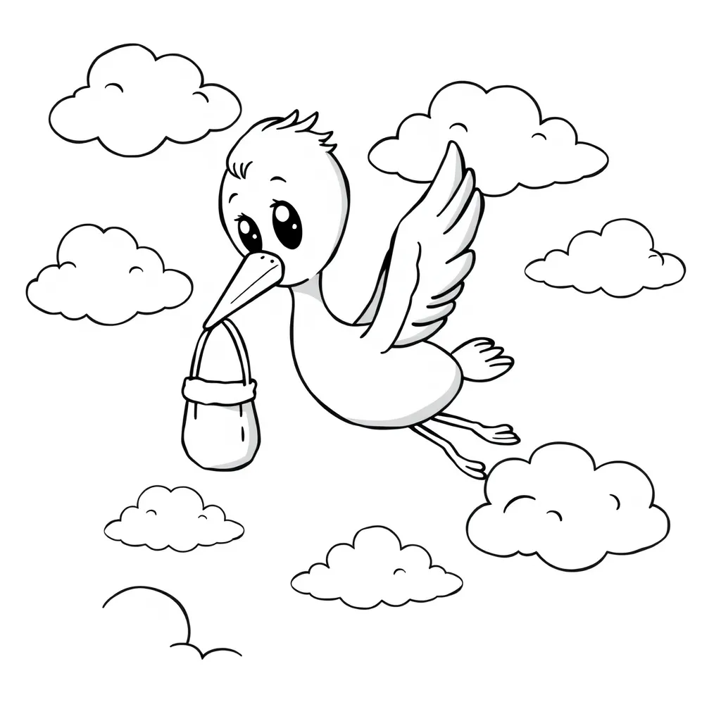Stork Carrying a Baby Bundle in the Sky