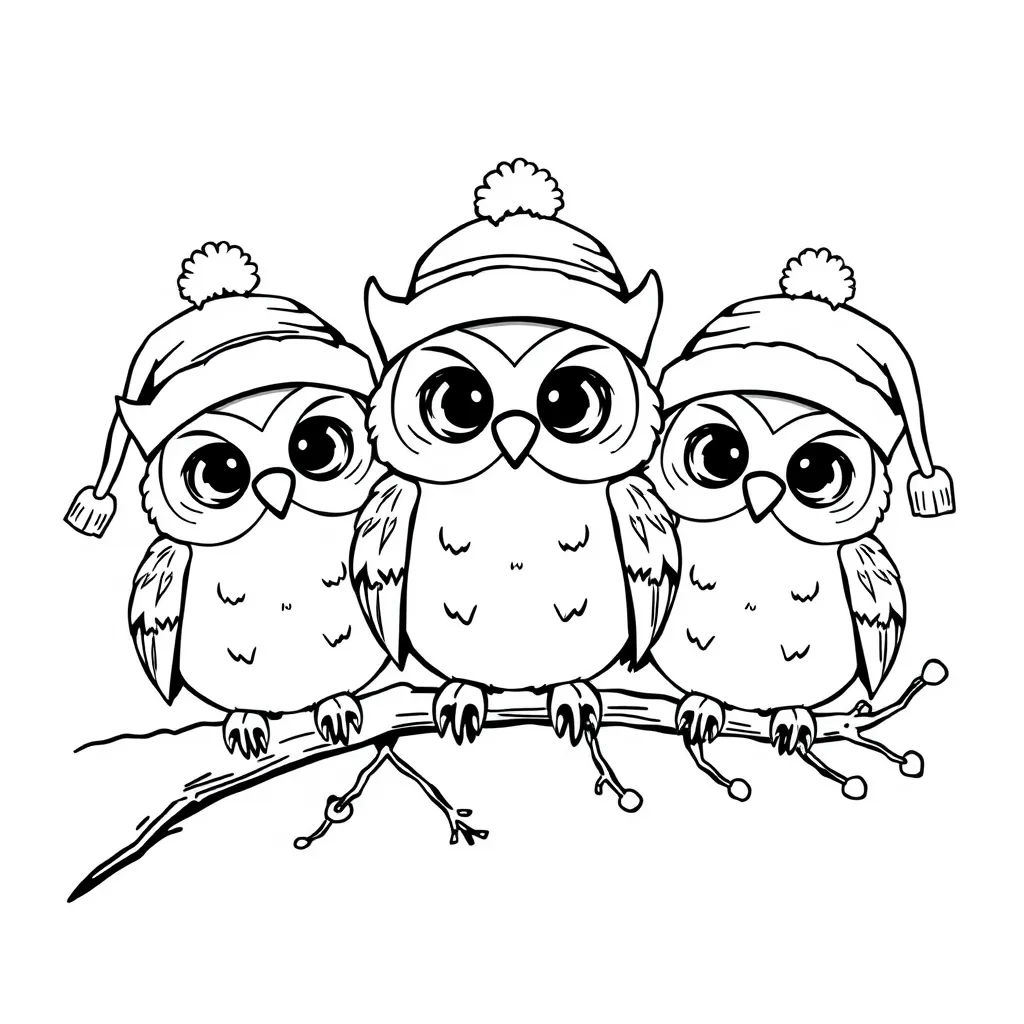 Three cute owls wearing winter hats